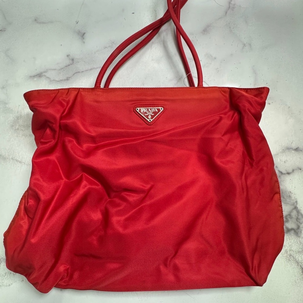 Prada Red Nylon Tote Bag w/Triangle Logo Plate W/COA